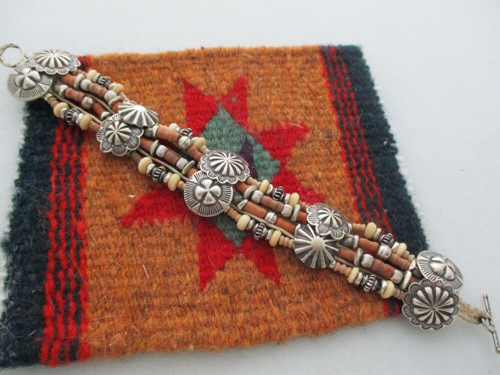Vintage Native American Navajo Sterling Silver Concho Beaded Bracelet